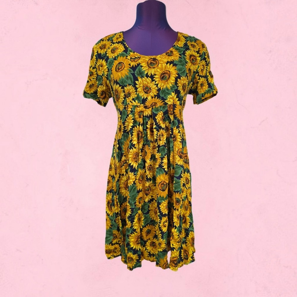 Paquette Too 90s Sunflower Print Rayon Dress Navy Yellow 8 Vintage